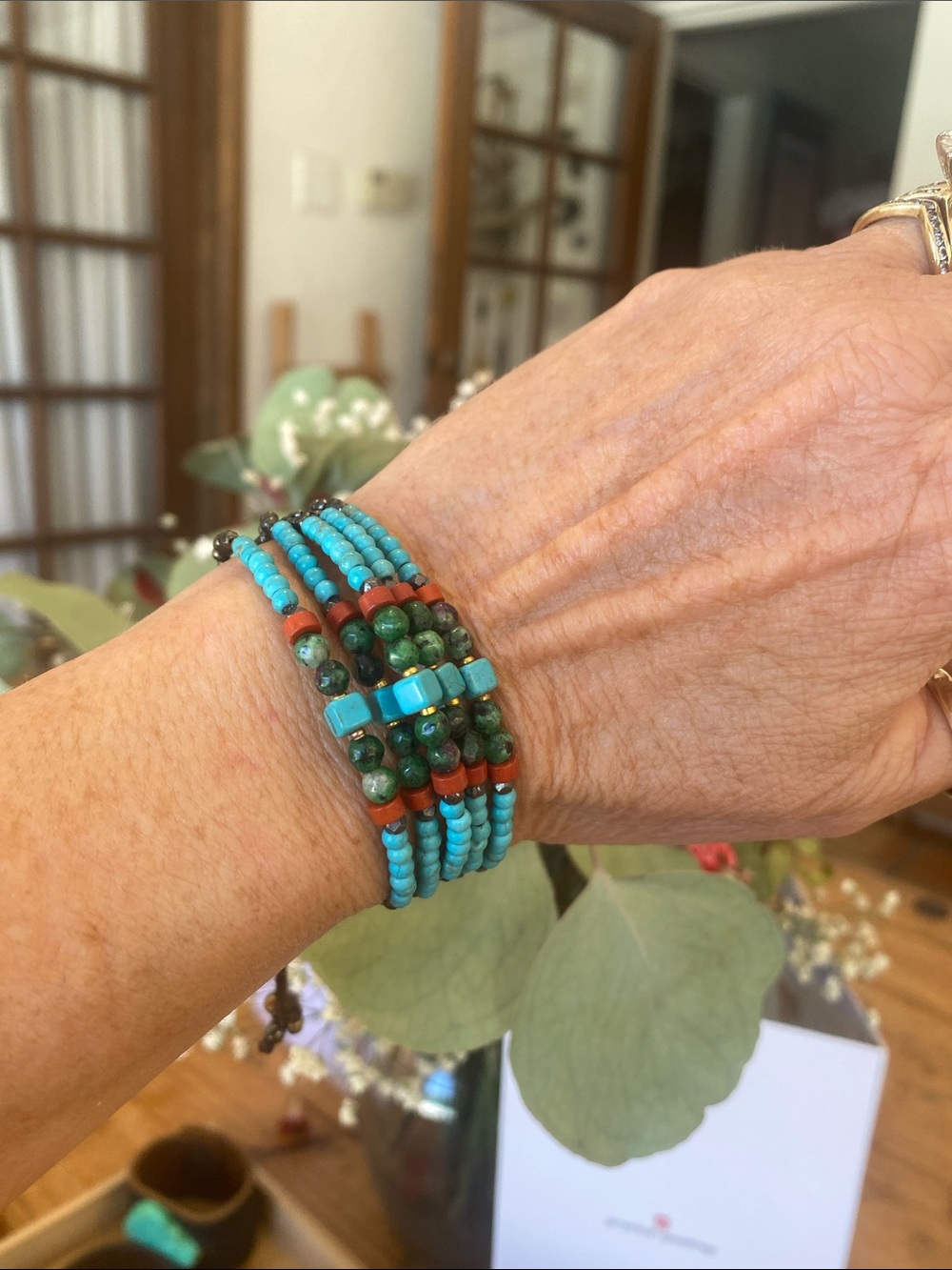 Johnny Was Genuine Turquoise, Green & Red Beaded Multi-Strand Bracelet